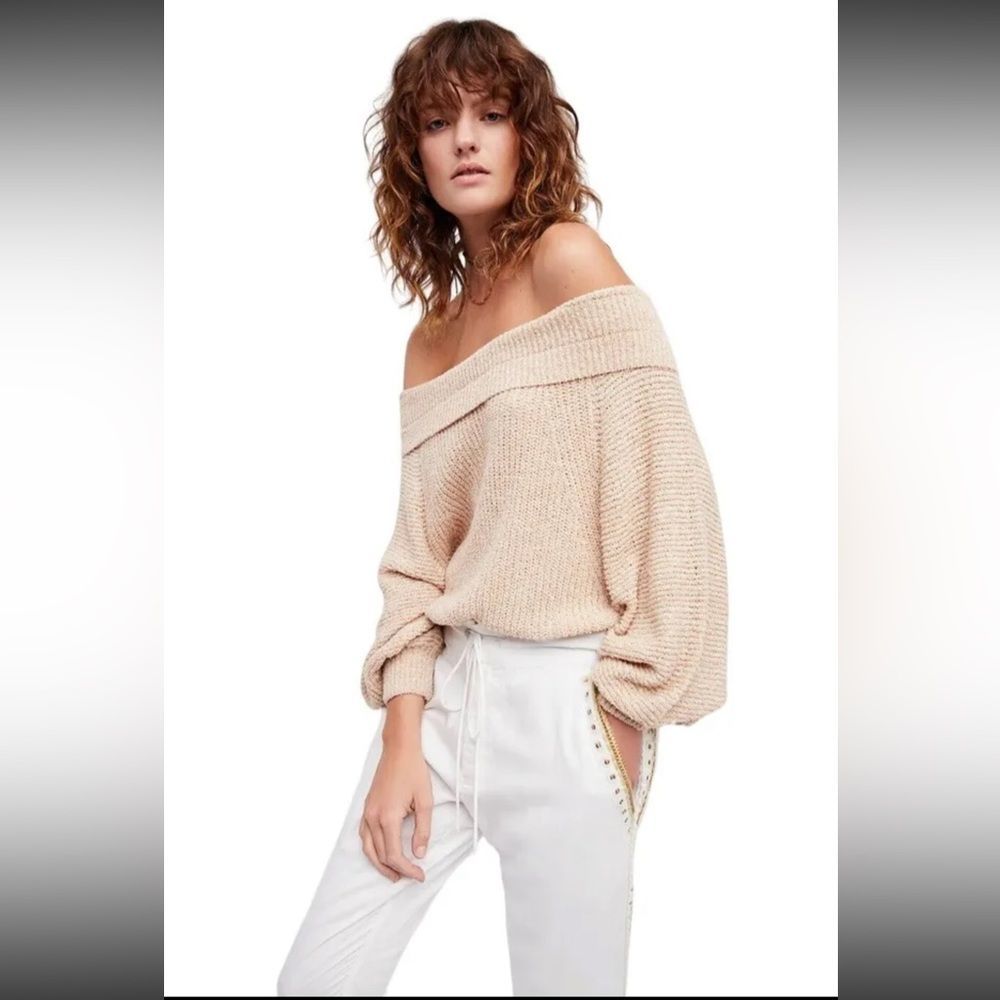 Free People Edessa Pullover Sweater Off the Shoulder Tan Beige Sz S